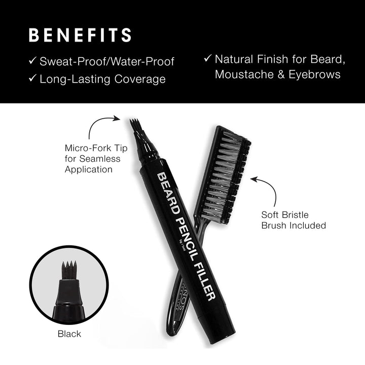 Beard Pencil Filler - Water Proof, Long Lasting Coverage &amp; Natural Finish - Beard, Moustache &amp; Eyebrows - Micro-Fork Tip for Seamless Application - Includes Bristle Brush for Blending (Black)