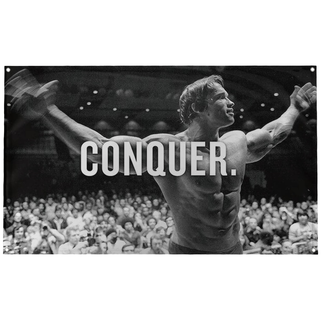 Banger - Original Arnold Schwarzenegger Conquer Motivational Inspirational Office Gym Dorm Wall Decor Design on a 3X5 Feet Flag with 4 Grommets for Easy Hanging. Authentic BANGER FLAG