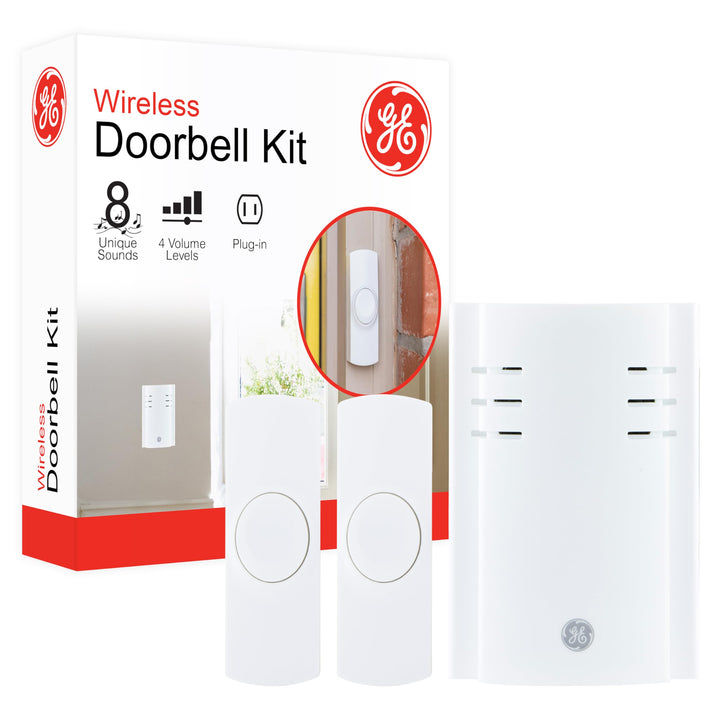 GE Wireless Kit, 8 Melodies, 2 Push Buttons, 4 Volume Levels, 150 Ft. Range, White, 19300 Doorbell, 1 Pack