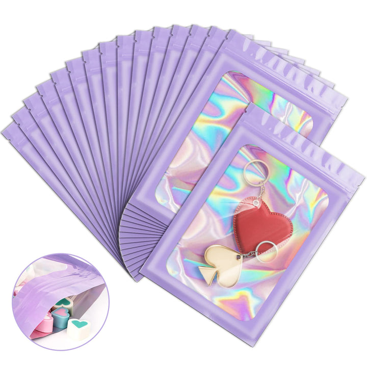 100 Pieces Smell Proof Mylar Bags, Holographic Packaging Bags, Resealable Odor Foil Pouch Zipper Bags with Clear Window for Food Storage and Lipgloss, Jewelry Lash (Purple, 3 x 4.7 Inch)