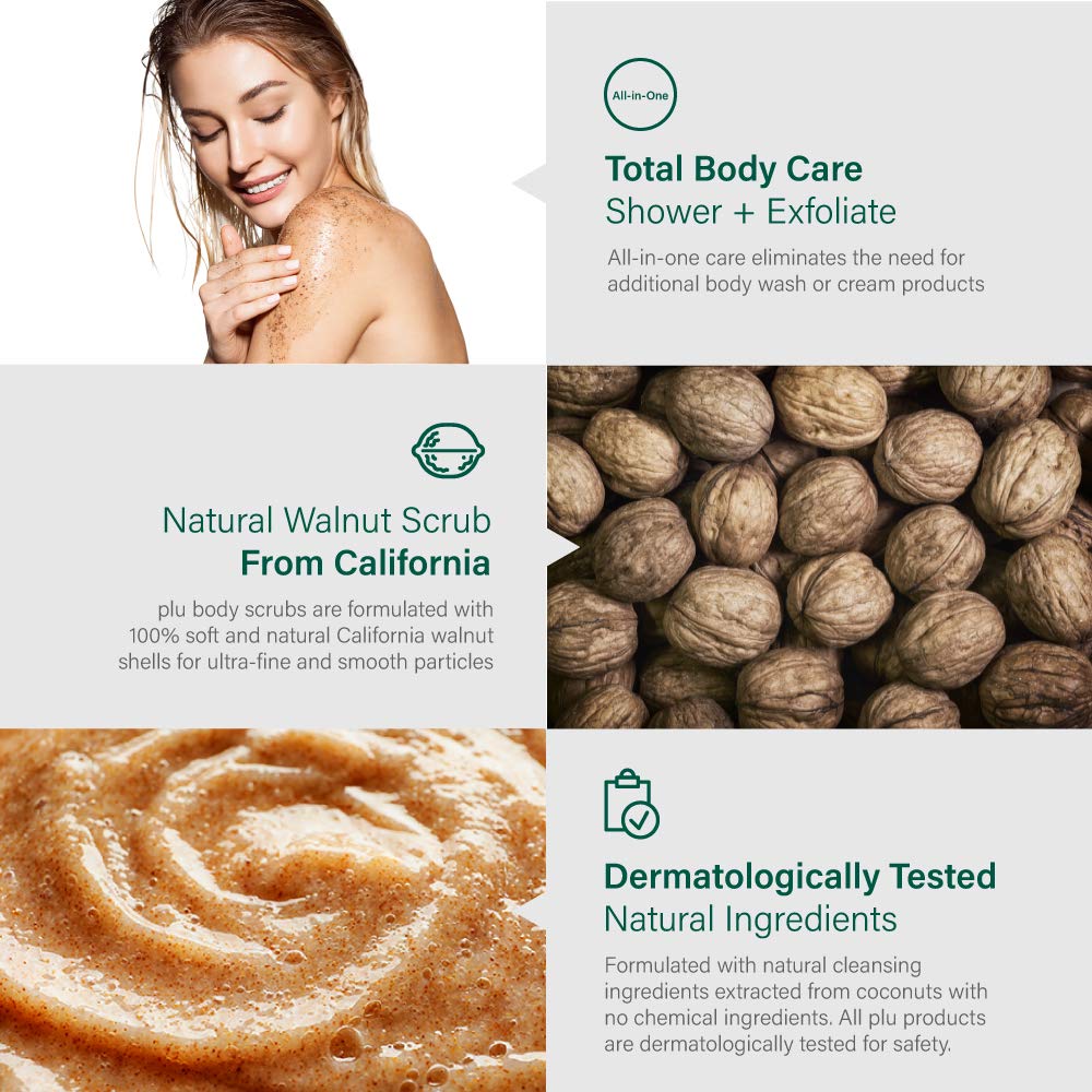 plu Walnut Body Scrub, 3-in-1 Total Care Solution, Exfoliate Moisturize and Glow, 2019 USA Version [Berry Mix/200g]