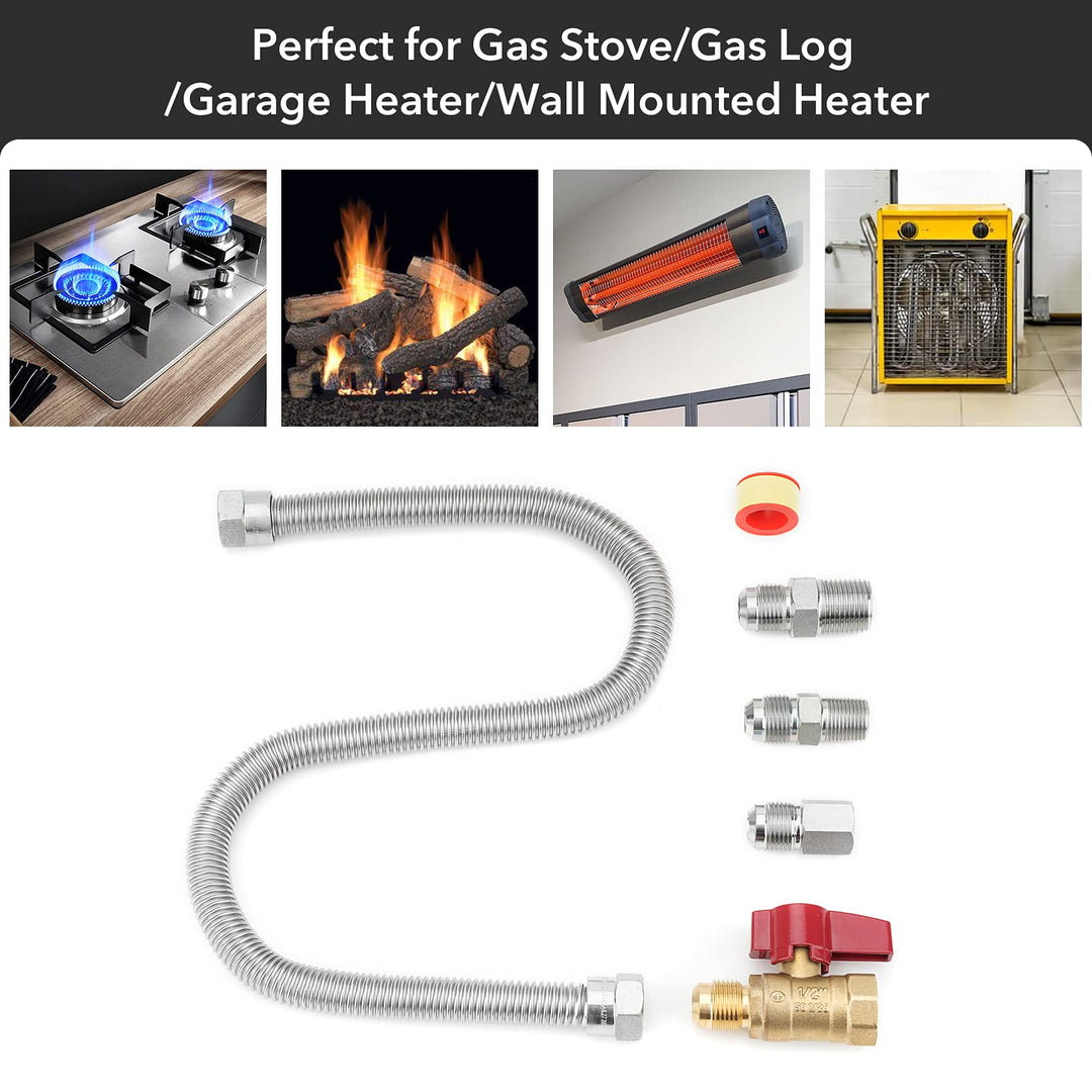 One Stop Gas Appliance Hook Up Kit - Brass Gas Ball Valve and Flexible Gas Connector with Fittings for Garage Heaters, Gas Stoves, Wall Mounted Heaters, Gas Fireplace and Gas Dryer