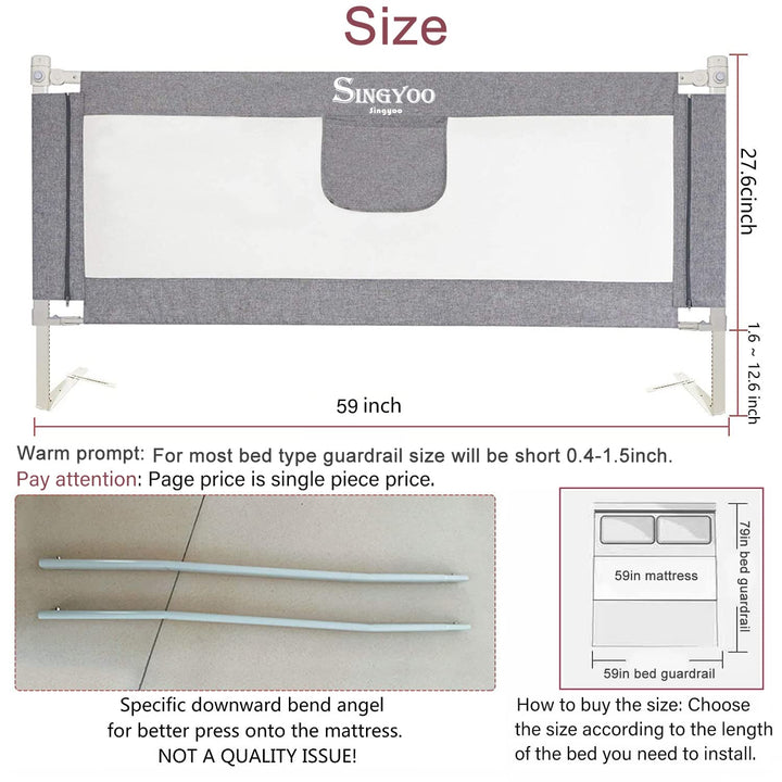 SINGYOO Bed Rails for Toddlers- New Upgraded Extra Long Bed Guardrail Full Size Baby Bedrail for Children Fit for Twin Queen &amp; King Size Bed Mattress one Piece (Grey, 87(L) x 30(H))