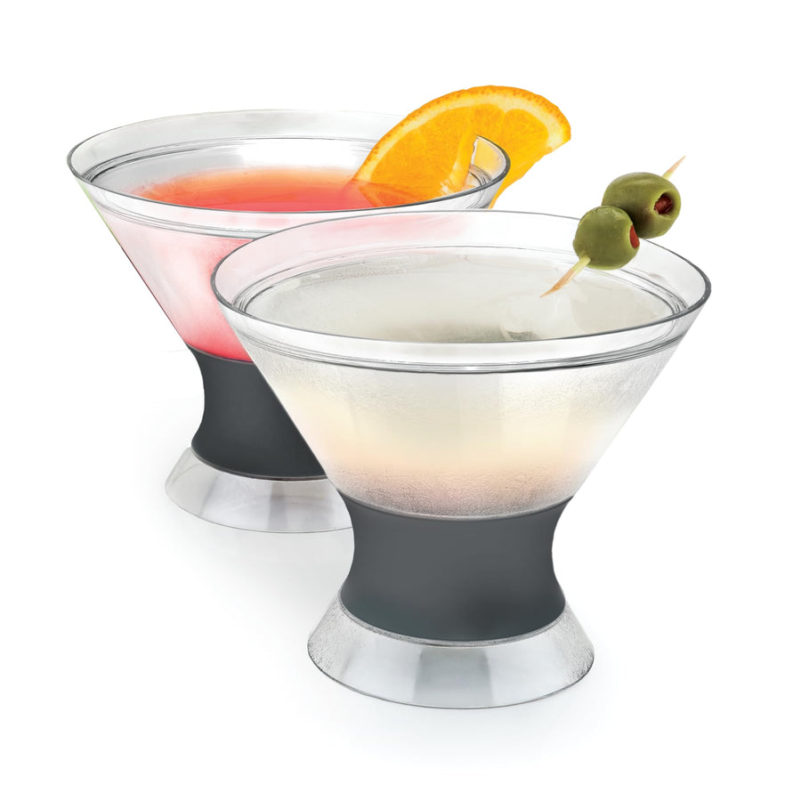 Freeze Insulated Martini Cooling Cups, Plastic Freezer Gel Chiller Double Wall Stemless Cocktail Glass Set of 2, 9 oz, Grey