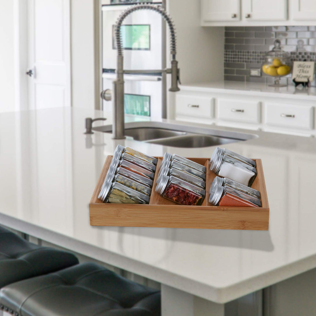 Spice Organizer Drawer Insert Kitchen Cabinet Small Jars Holder Tray 3-Tier Deep Drawers Bamboo Spice Rack