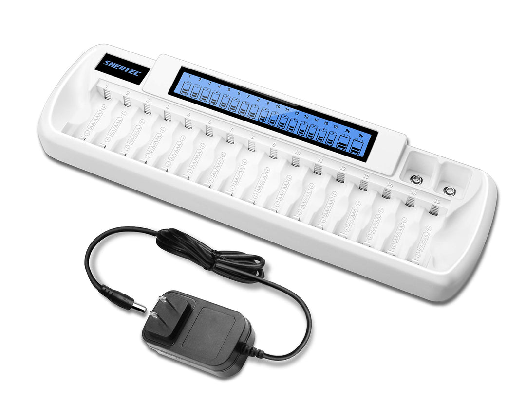 16+2 Bay Smart Rechargeable Battery Charger with LCD Display for AA AAA NiMH Batteries &amp; Li-ion 9V Rechargeable Batteries with AC Wall Adapter (Not Fit for AA AAA Li-ion Batteries)