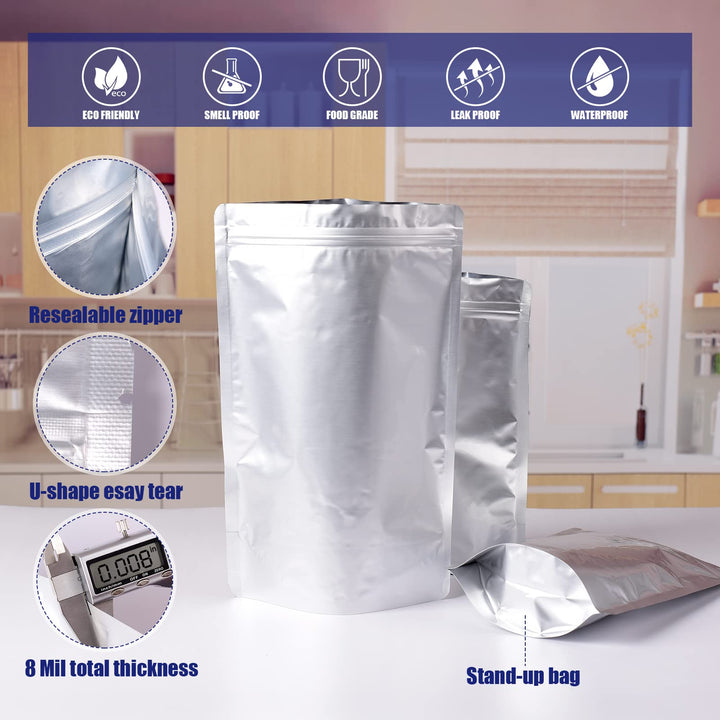 120 Mylar Bags for Food Storage with Oxygen Absorbers 300cc, 8 Mil 1Gallon 10x14, 7.5x11.5, 6x9, 4.3x6.3 Stand-Up Zipper Resealable Bags &amp; Heat Sealable Food Storage Bags + Labels