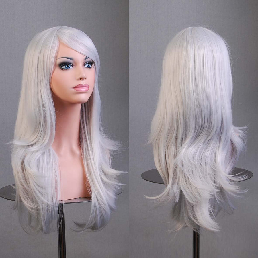Long Wavy Curly Wig High Standard Silk Female Cosplay Wig with Wig Cap (27' Silver White)