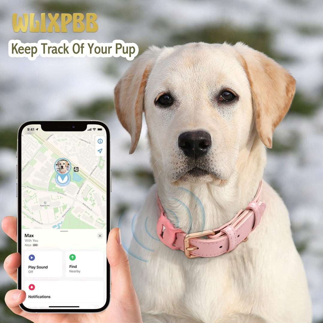 Airtag Leather Dog Collar for Small Medium Large Dog Adjustable Soft Padded Air Tag Puppy Collar Heavy Duty Metal Buckle Collar with Anti-Lost Airtag Holder Protective Case,XS,Pink