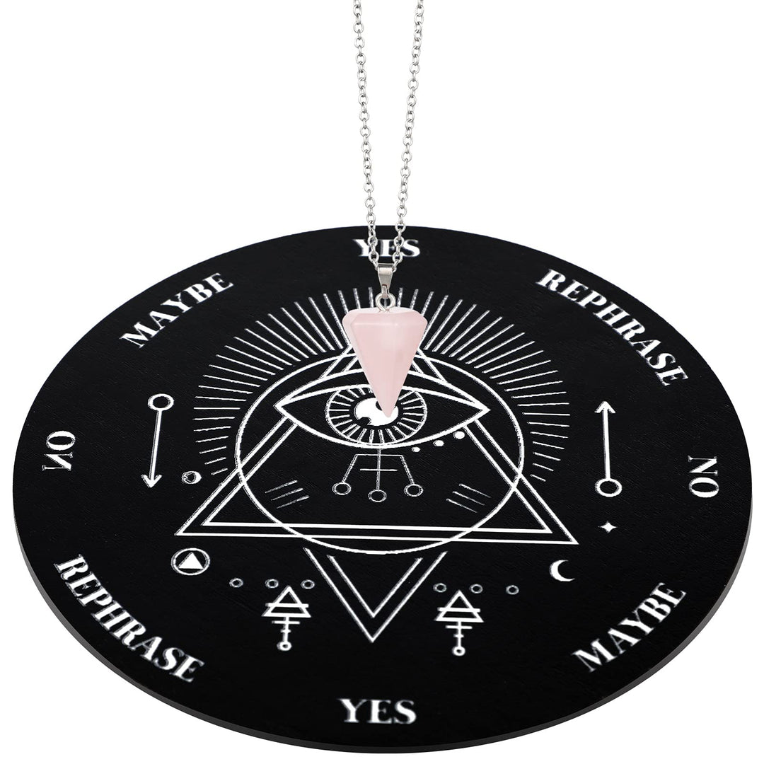 Wooden Pendulum Board Dowsing Divination Pendulum Witchcraft Altar Supplies with Crystal Necklace and Wooden Pendulum Board Metaphysical Message Board Kit, 3.9 Inch(Black)