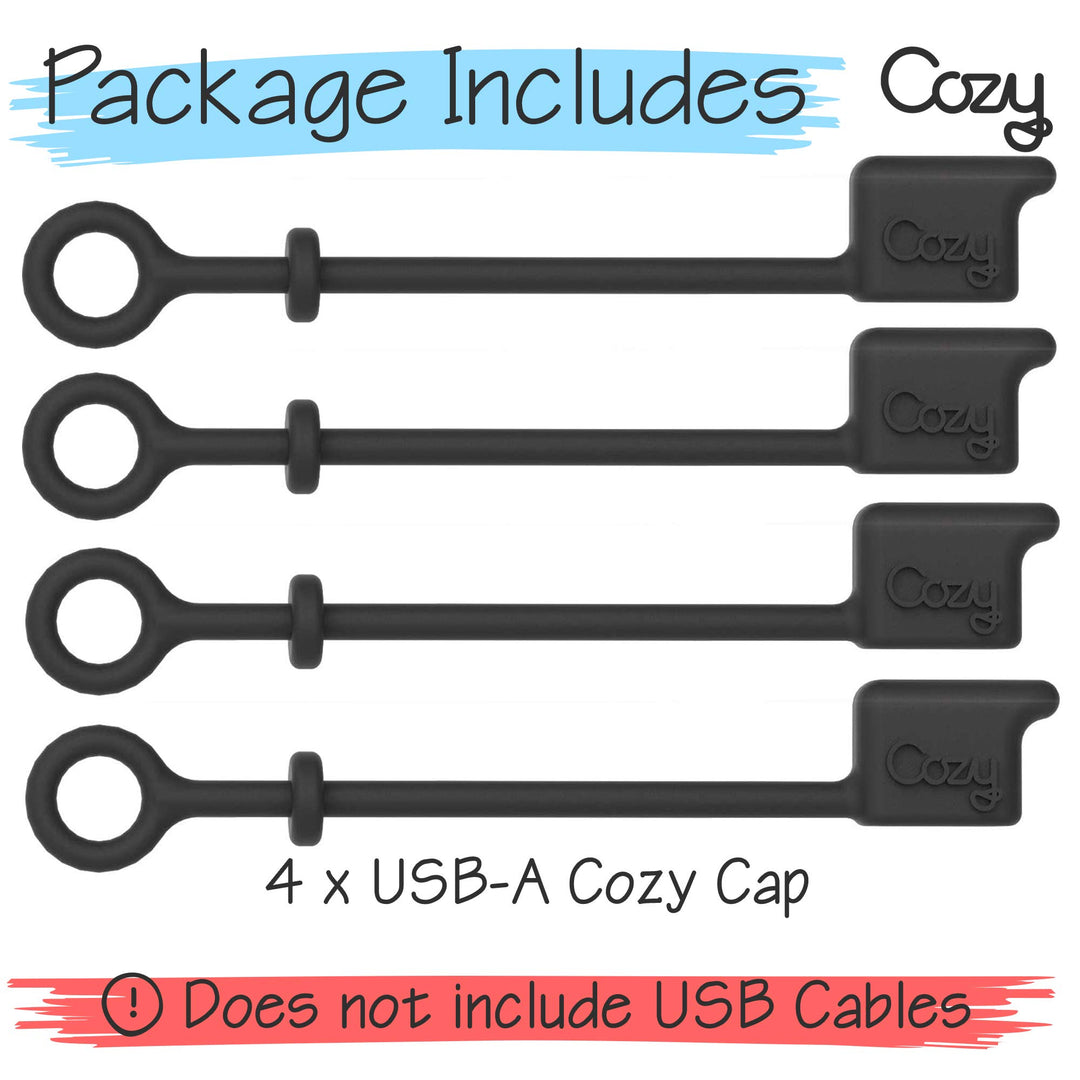 [4-Pack] USB Caps/Covers/Tether for USB A Cables with Dust Protection, Protects During Travel, Portable, Designed (USB A Black)