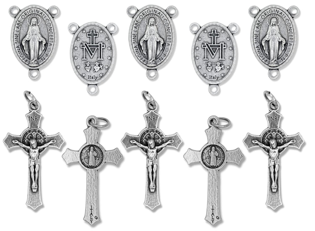 Italian Rosary Making Kit for 5 Rosaries - Catholic Rosary Cross and Center Sets with 1.5” St Benedict Crucifix and 1” Miraculous Medal Rosary Center Pack of 5 Bulk Rosary Parts