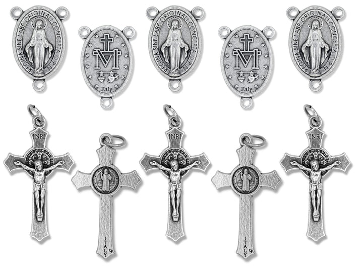 Italian Rosary Making Kit for 5 Rosaries - Catholic Rosary Cross and Center Sets with 1.5” St Benedict Crucifix and 1” Miraculous Medal Rosary Center Pack of 5 Bulk Rosary Parts