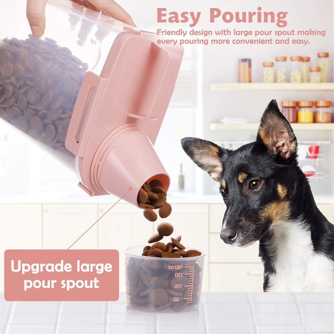 Pet Food Storage Container, Airtight Cat Food Container with Measuring Cup, Small Dog Food Storage Container with Scoop, 4 Seal Buckles Food Dispenser for Regular Food, Dog, Cat, Bird (Pink)