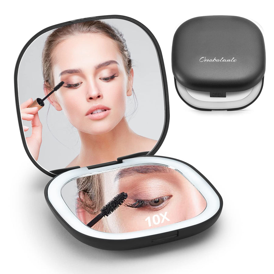 LED Vanity Mirror,10X Magnifying Mirror with Lights,Compact Portable Folding Handheld Travel Makeup Mirror with Lights,Gift for Girl Friend,Mother,Daughter Black