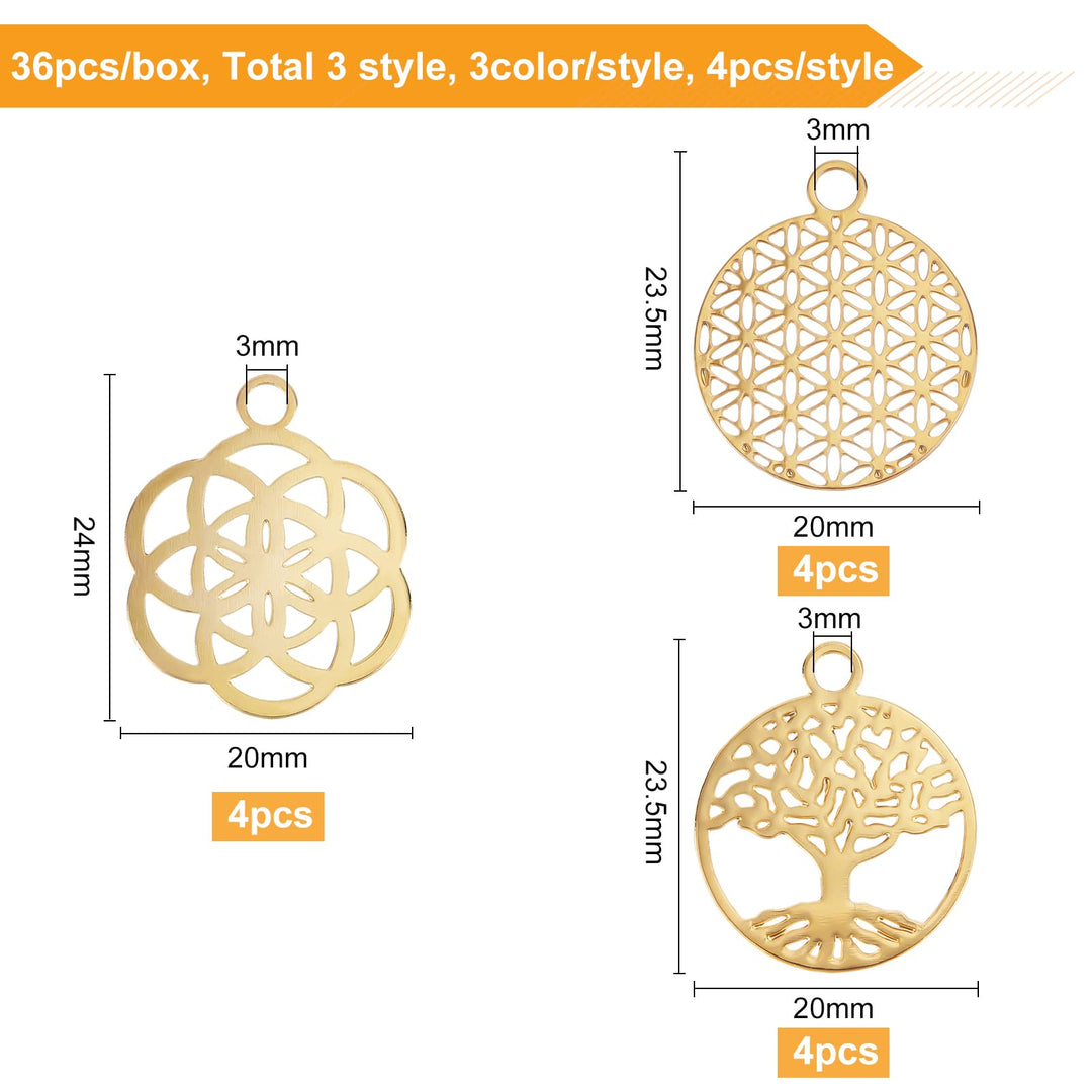 36Pcs Silver/Gold/Rose Gold Filigree Flower Pendants Tree of Life Brass Connector Charm (20mm) for DIY Necklace Earring Making