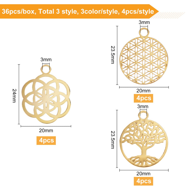 36Pcs Silver/Gold/Rose Gold Filigree Flower Pendants Tree of Life Brass Connector Charm (20mm) for DIY Necklace Earring Making