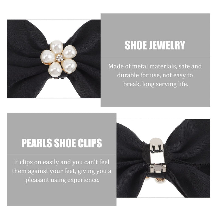 1 Pair Bow Shoe Clips Removable Shoe Charms Pearls Shoe Buckle Bowknot Dress Shoes Jewelry Decorative Shoe Accessories for Wedding Party Prom Decoration (Black)