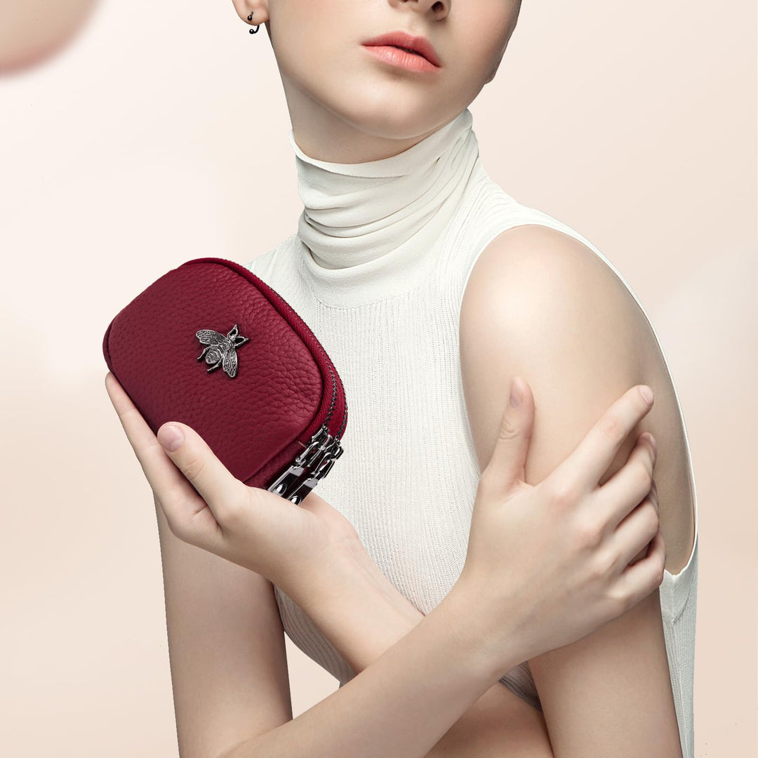 Women Leather Coin Purse, Small 2 Zippered Change Pouch Wallet(Red)