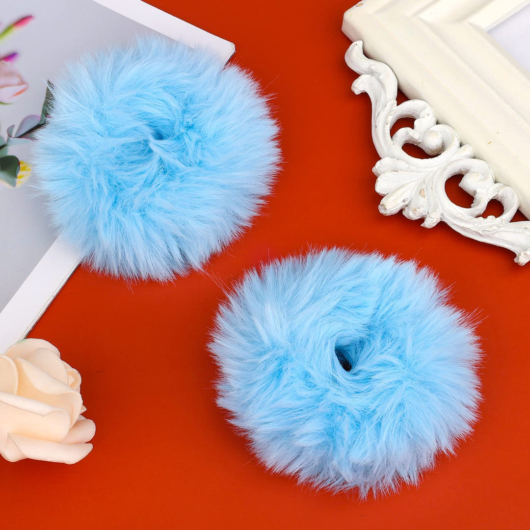 2Pcs Faux Fur Hair Scrunchies, Furry Hair Pom Poms Elastic Hair Ties for Girls (Blue)