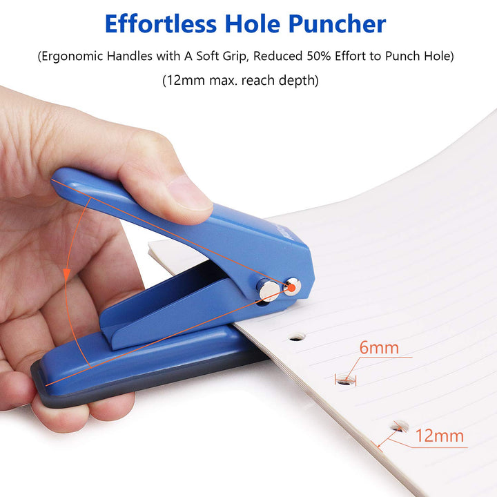 Metal Hole Punch Single Hole Puncher, Low Force, 20 Sheets Punch Capacity, 1/4 Holes, Paper Punch for Binder Hand Punches with Skid-Resistant Base for Paper, Chipboard, Index Cards, Thin Metal,Blue