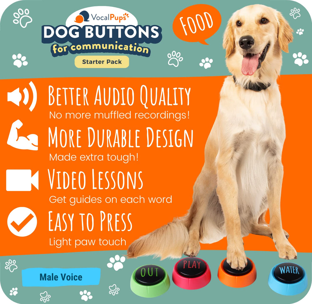VocalPups Dog Buttons for Communication Starter Pack - Male Voice, Dog Talking Button Set, Talking Buttons for Dogs, Dog Buttons Speech Training Set | Dog Communication Buttons | Pre-Recorded Words