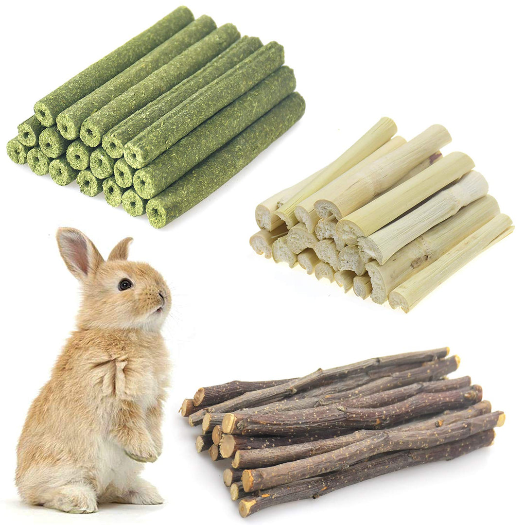 Chngeary Small Animals Chew Toys Molar Sticks, Apple Sticks Timothy Hay Sticks Sweet Bamboo 3Types Combined for Rabbit Chinchilla Guinea Pigs Squirrel Hamster (300g)