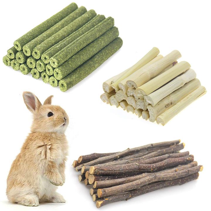 Chngeary Small Animals Chew Toys Molar Sticks, Apple Sticks Timothy Hay Sticks Sweet Bamboo 3Types Combined for Rabbit Chinchilla Guinea Pigs Squirrel Hamster (300g)