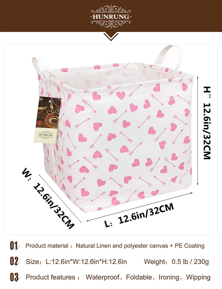 Square Storage Bins Nursery Hamper Canvas Laundry Basket Foldable with Waterproof Nursery Boxes for Shelves/Gift Baskets/Toy Organizer/Office, Bedroom (Square-Pink-heart-arrow)