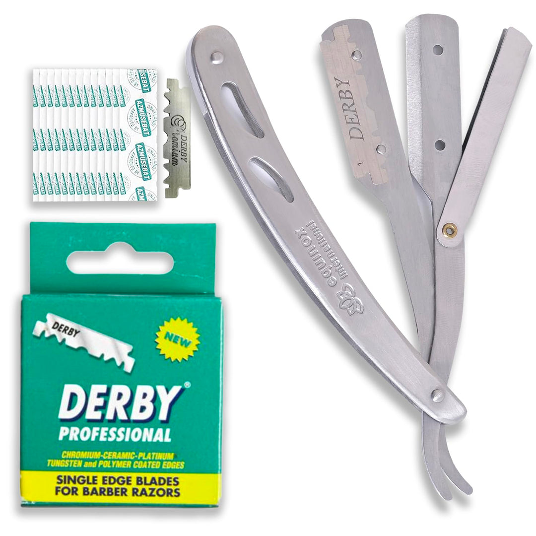 Equinox Professional Straight Edge Razor with 100 Single Derby Blades 100% Stainless Steel Razor and Blades - Close Shaving Men&#39;s Manual Shaver - Disposable Blades -Barber Straight Razor Kit - Silver