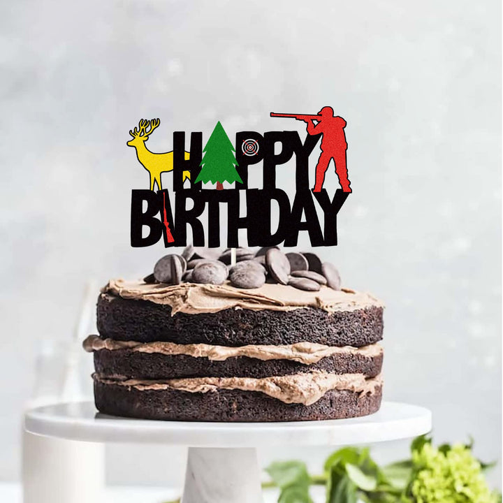 Colorful Glitter Hunting Theme Happy Birthday Cake Topper,Gone Hunting Hunter Camping Themed Cake Decor,Kids Boy Girl Men Happy Birthday Party Supplies