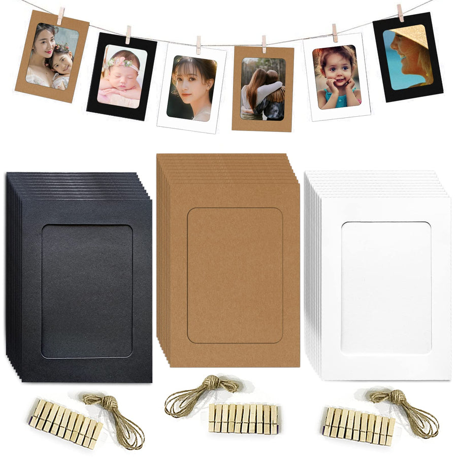 Paper Photo Frame 4x6 Picture Frames collage wall decor DIY Cardboard with 30 Wood Clips and 3 Jute Twine Home Décor Kids' Room Colors PCS, 10.2X15.2cm