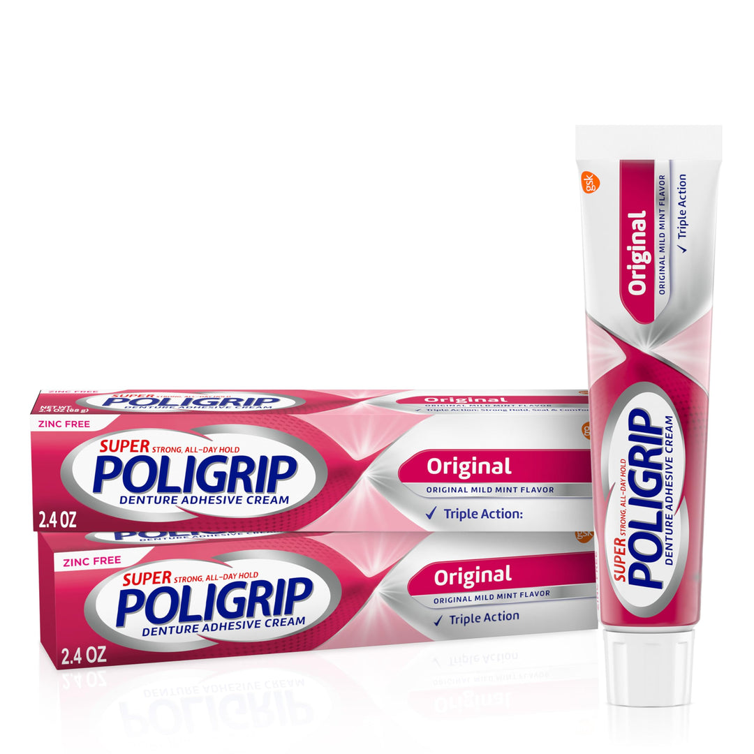 Super Poligrip Original Formula Zinc Free Denture and Partials Adhesive Cream, 2.4 ounce (Twin Pack)