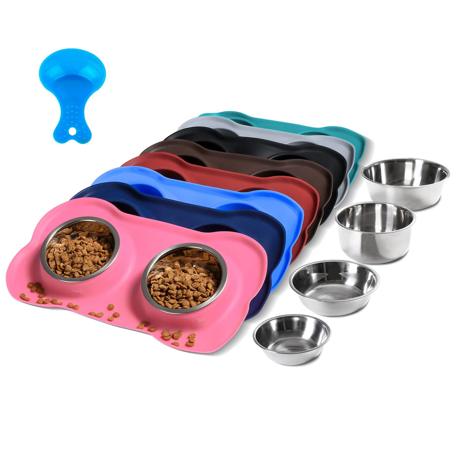 Pet Dog Bowls 2 Stainless Steel Dog Bowl with No Spill Non-Skid Silicone Mat + Pet Food Scoop Water and Food Feeder Bowls for Feeding Small Medium Large Dogs Cats Puppies (S, Pink)