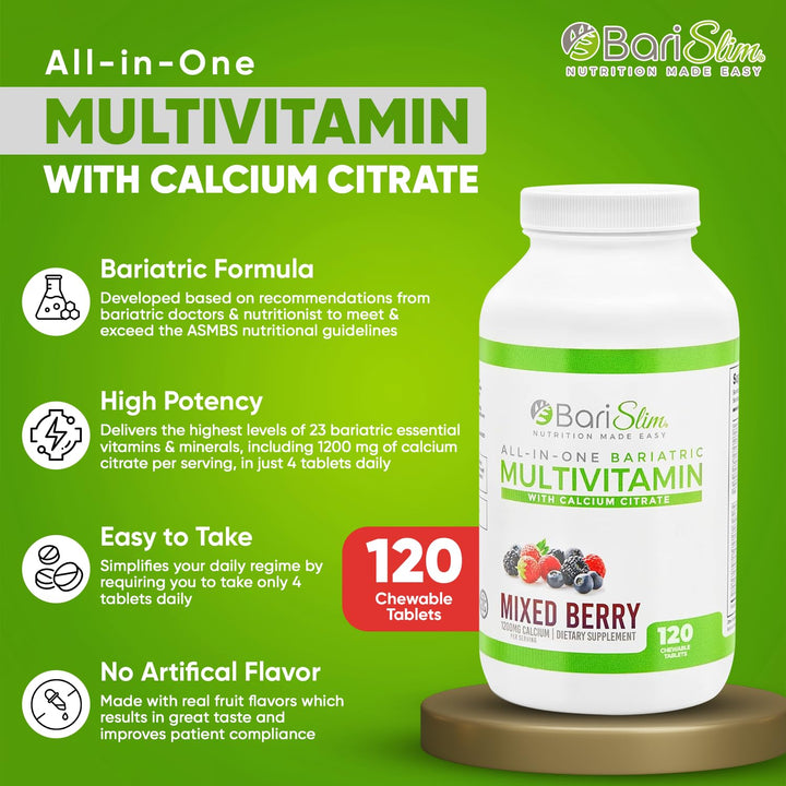 All-in-One Bariatric Chewable Multivitamin Tablets w/Calcium Citrate - Bariatric Vitamin for Post Bariatric Surgery Including Gastric Bypass &amp; Gastric Sleeve | Mixed Berry (120 Count)