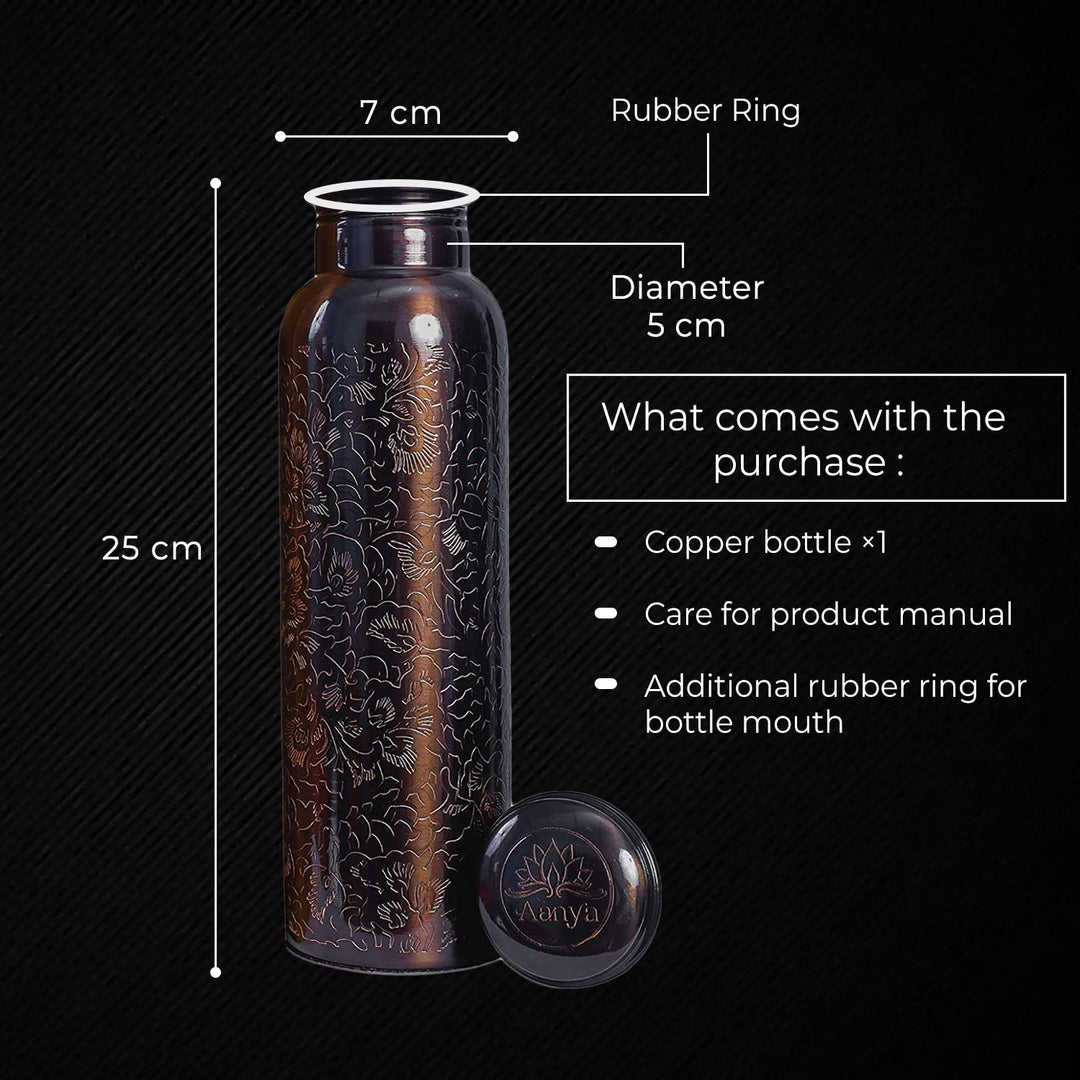 Pure Copper Water Bottle - 32 Oz Ayurvedic Copper Vessel with Engraved Design &amp; Smooth Finish - Premium Copper Flask with Leak Proof Design &amp; Silicone Ring Cap (Black &amp; Brown Shade)