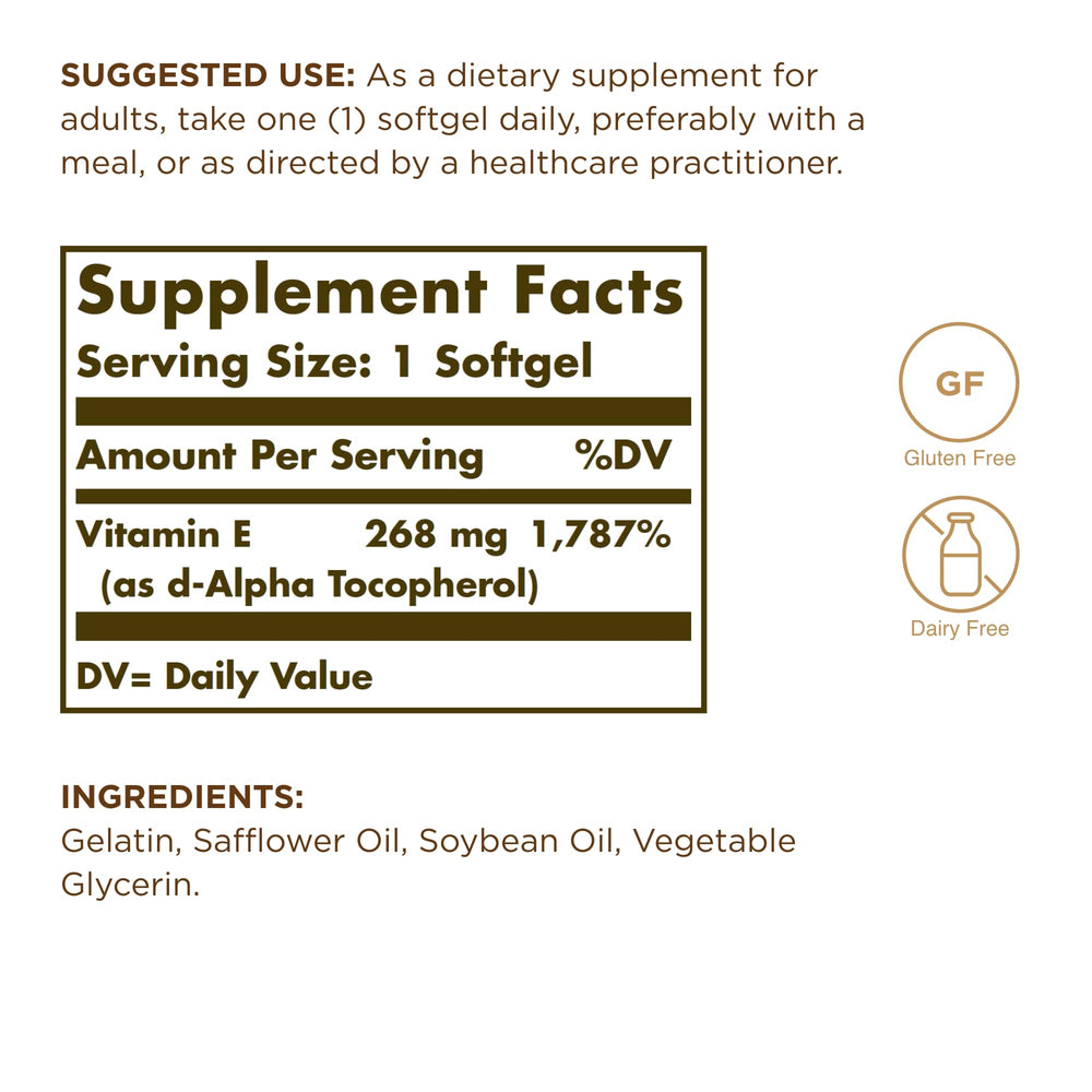 Vitamin E 268 mg (400 IU) - 250 Softgels - Naturally-Sourced Vitamin E as d-Alpha Tocopherol - Gluten Free, Dairy Free - 250 Servings