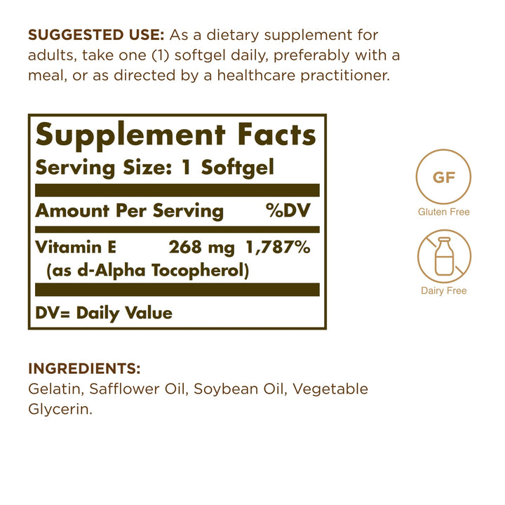 Vitamin E 268 mg (400 IU) - 250 Softgels - Naturally-Sourced Vitamin E as d-Alpha Tocopherol - Gluten Free, Dairy Free - 250 Servings