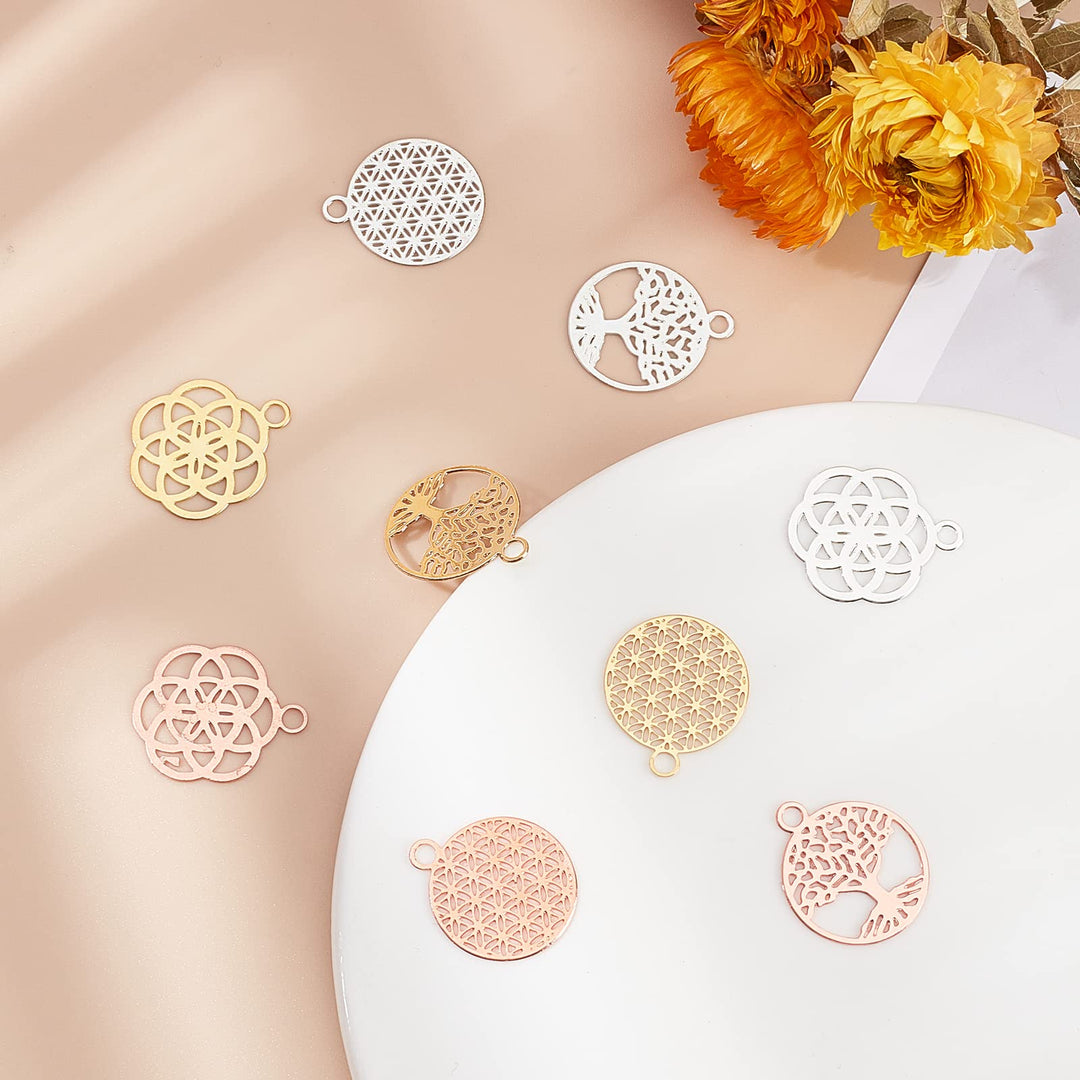 36Pcs Silver/Gold/Rose Gold Filigree Flower Pendants Tree of Life Brass Connector Charm (20mm) for DIY Necklace Earring Making