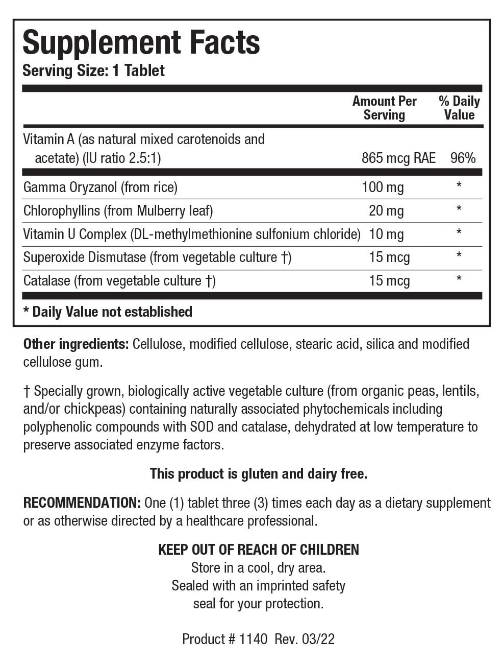Gastrazyme™ Digestive Support - Supplies Vitamin U Complex, Chlorophyllins, Gamma Oryzanol (from Rice) Supplement Supports Gastrointestinal Health & Gut Lining - 90 Tablets