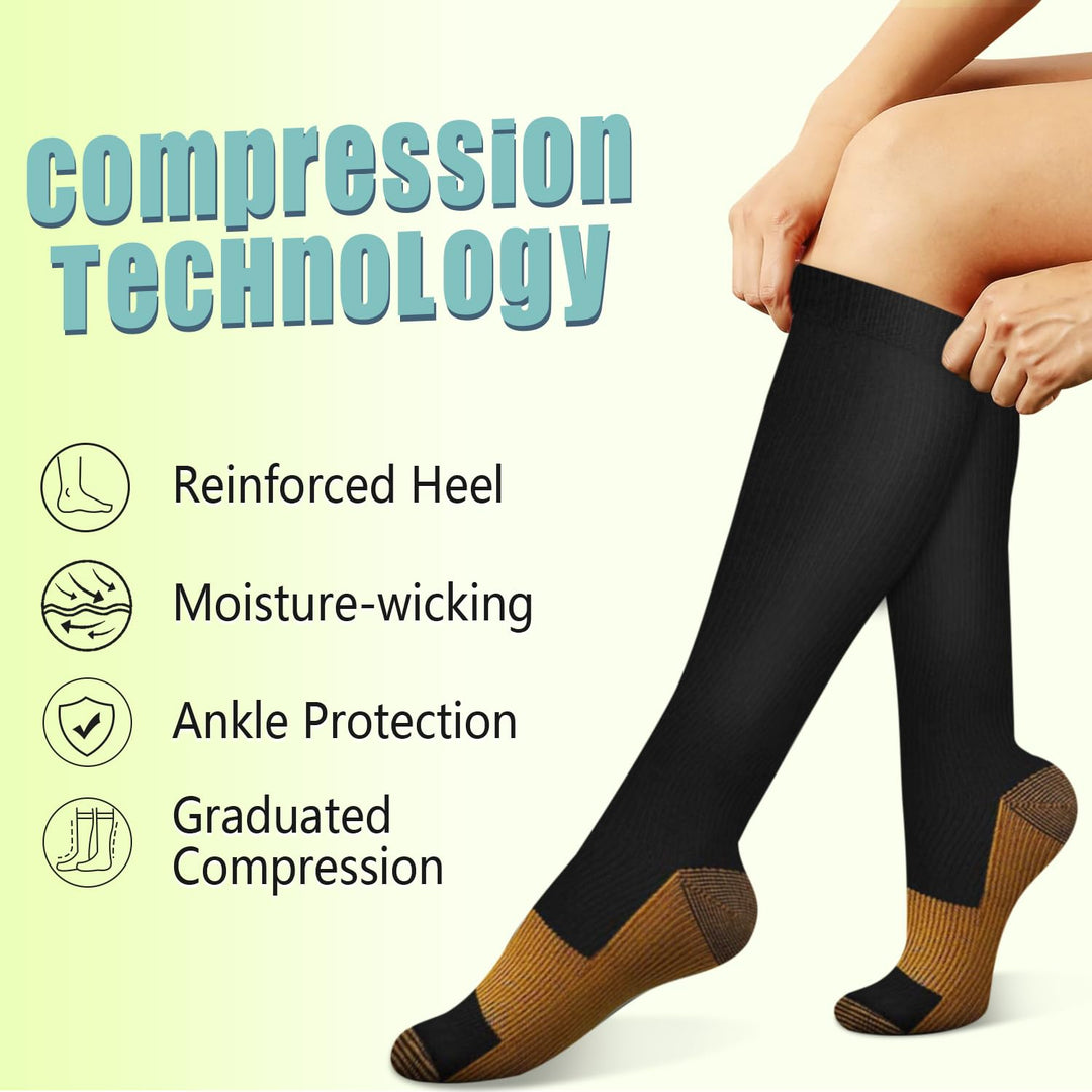 Copper Knee High Compression Socks For Men &amp; Women - Best For Running,Athletic,Medical,Pregnancy and Travel -15-20mmHg (L/XL, Black)