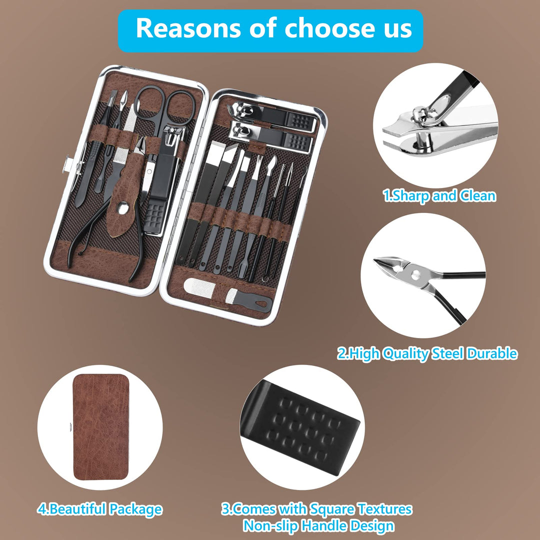 Yougai Manicure Set 18 pcs Professional Nail Clippers Pedicure Kit, Stainless Steel Pedicure Set Nail Grooming Kit Tools with Luxurious Travel Case(Brown)