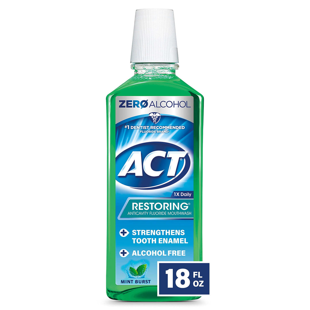ACT Restoring Zero Alcohol Fluoride Mouthwash 18 fl. oz. Strengthens Tooth Enamel, Mint Burst