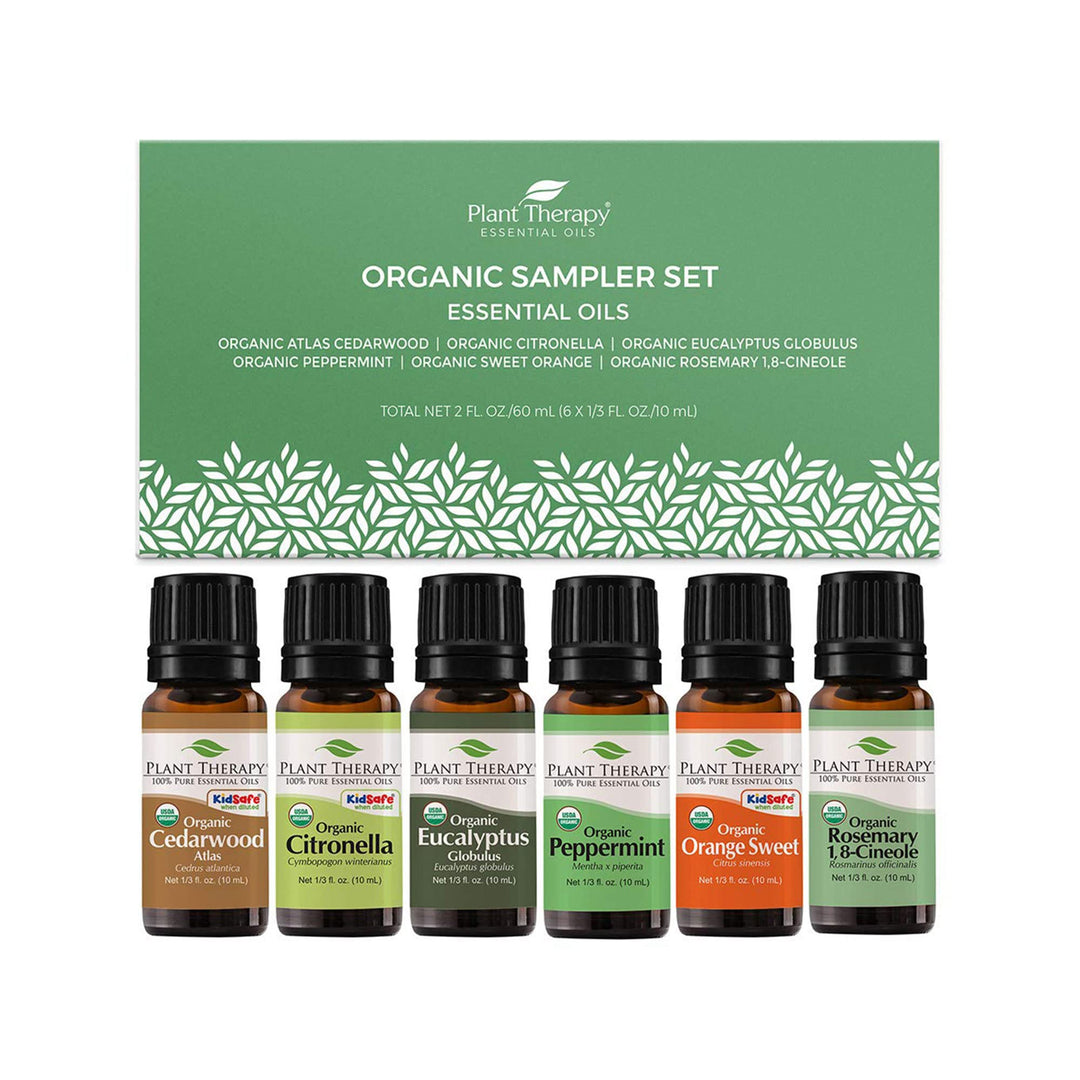 Organic Essential Oil Sampler Gift Set Includes USDA Certified Organic: Eucalyptus, Peppermint, Rosemary, Cedarwood, Sweet Orange and Citronella 10 mL (1/3 Ounce) Each