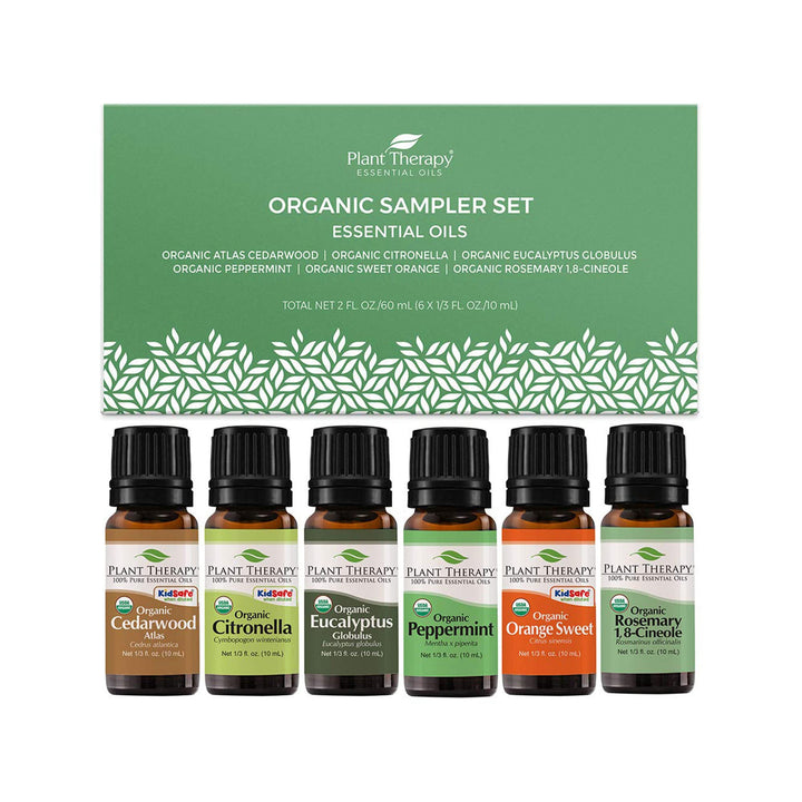 Organic Essential Oil Sampler Gift Set Includes USDA Certified Organic: Eucalyptus, Peppermint, Rosemary, Cedarwood, Sweet Orange and Citronella 10 mL (1/3 Ounce) Each