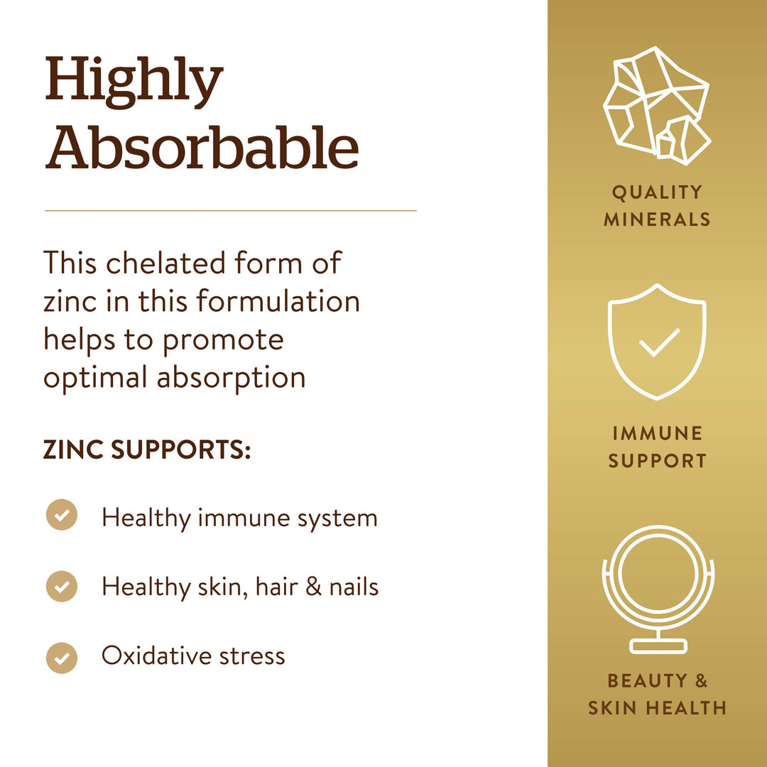 Solgar Chelated Zinc, 250 Tablets - Zinc for Healthy Skin - Supports Cell Growth &amp; DNA Formation - Exerts Antioxidant Activity - Supports A Healthy Immune System - Non GMO, Vegan - 250 Servings