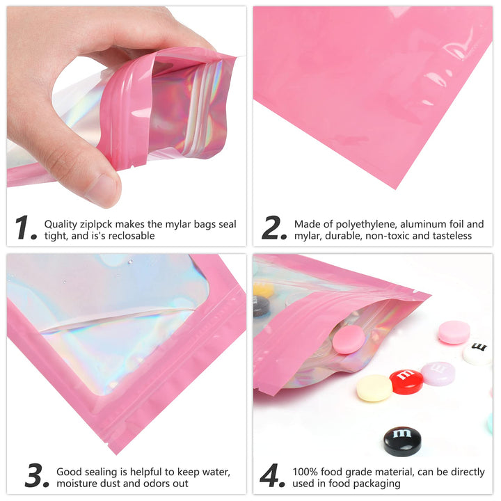 100 pcs Pink Smell Proof Mylar Holographic Bags Packaging Bags,Clear Resealable Odor Proof Bags Foil Pouch Bags for Food Storage, Lipgloss,Jewelry,Eyelash Packaging for Small Business(3.9x7.1Inch)