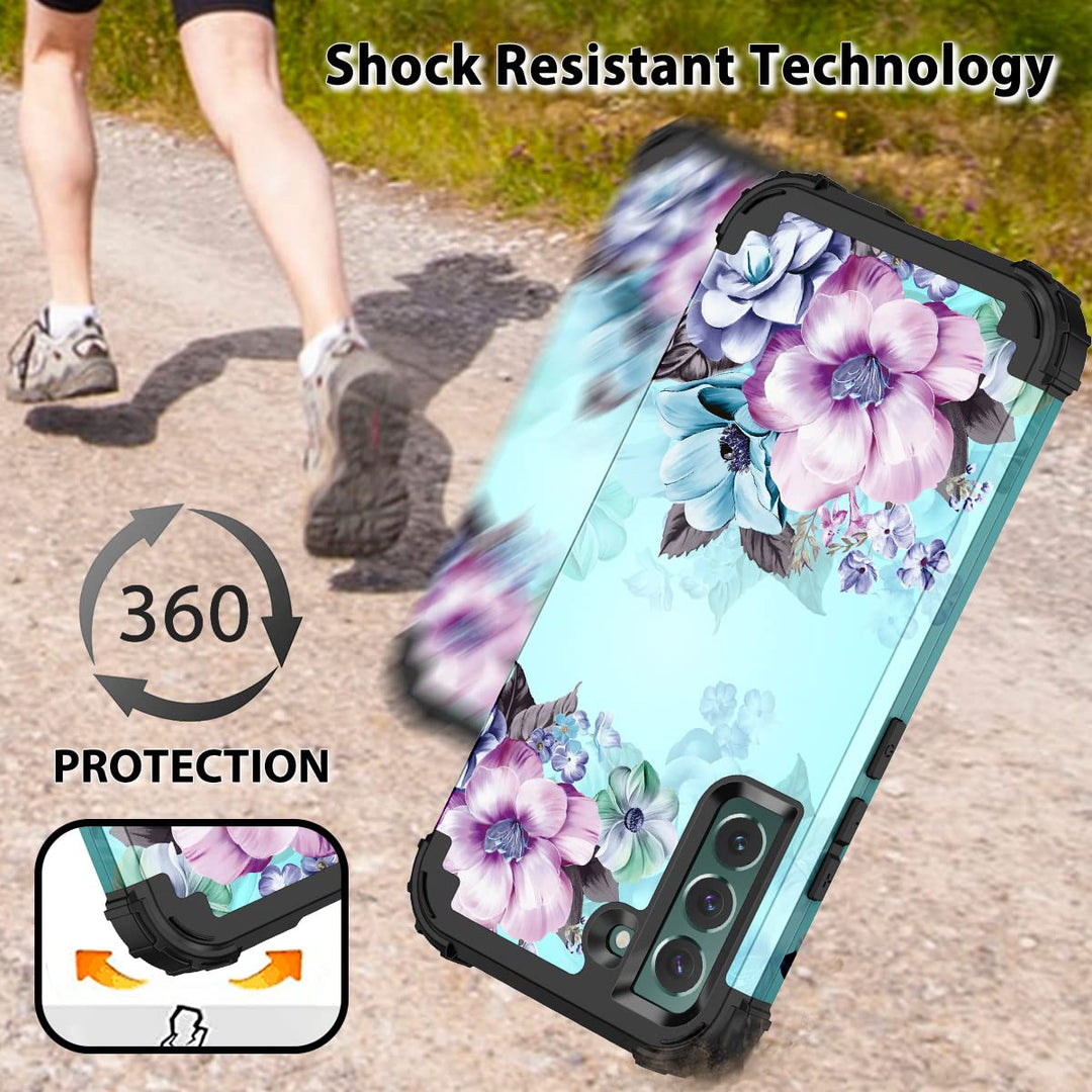 Compatible with Galaxy S22 5G Case,Floral Three Layer Heavy Duty Sturdy Shockproof Full Body Protective Cover Case for Samsung Galaxy S22 5G,Blue Flower