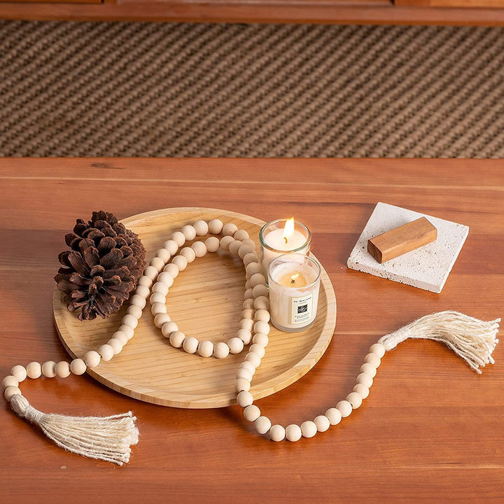 Farmhouse Wood Beads Garland Decor, 58 Inch Wooden Beads for Boho Home Decor with Tassels, Rustic Country Decor for Table, Wall, Shelf, Tray, Vase, Living Room, Bedroom, Summer