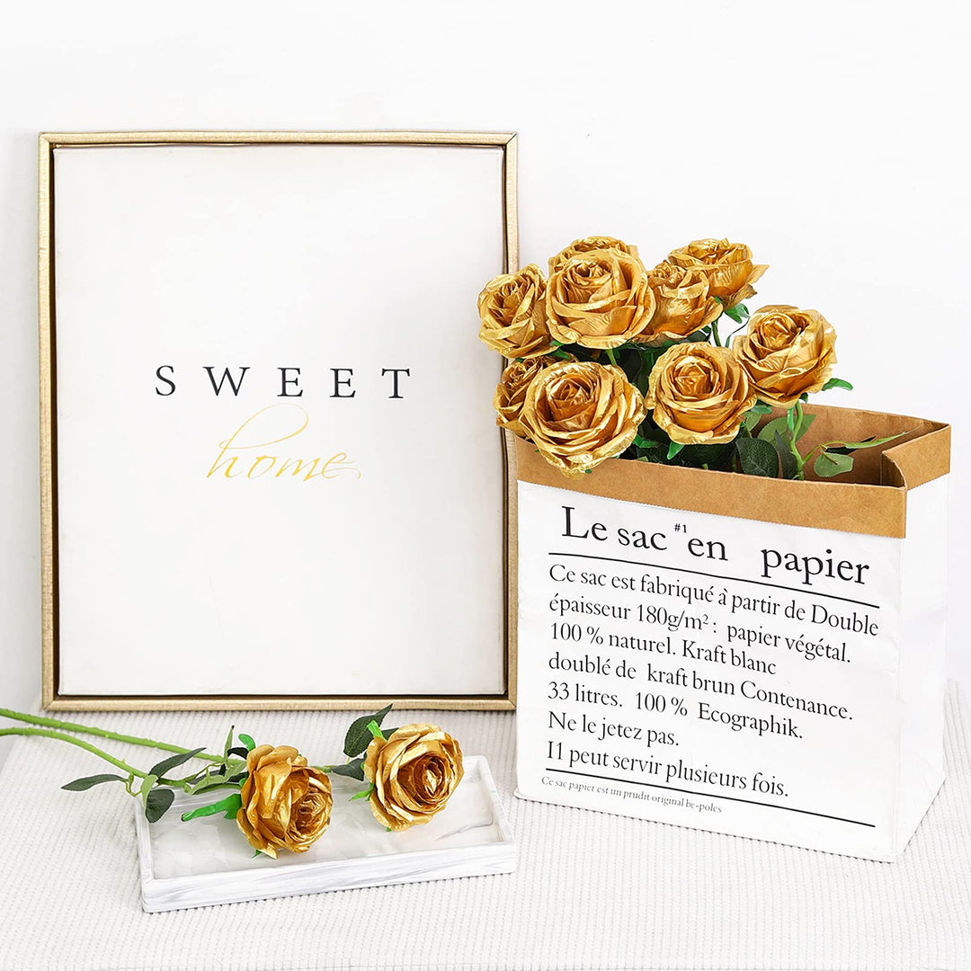 12PCS Artificial Silk Flowers Realistic Roses Bouquet Long Stem for Home Wedding Decoration Party (Gold-1)